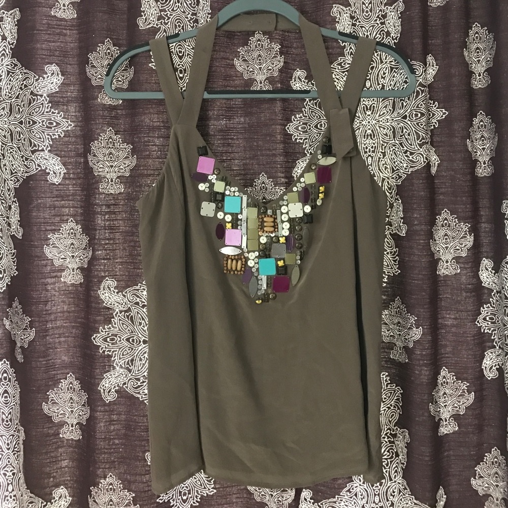 Nanette Lepore 100% Silk Jeweled Taupe Blouse Tank